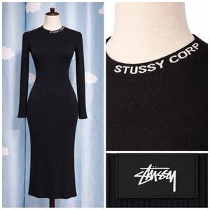 Y2K Stussy text long sleeve knit fitted midi dress. XS